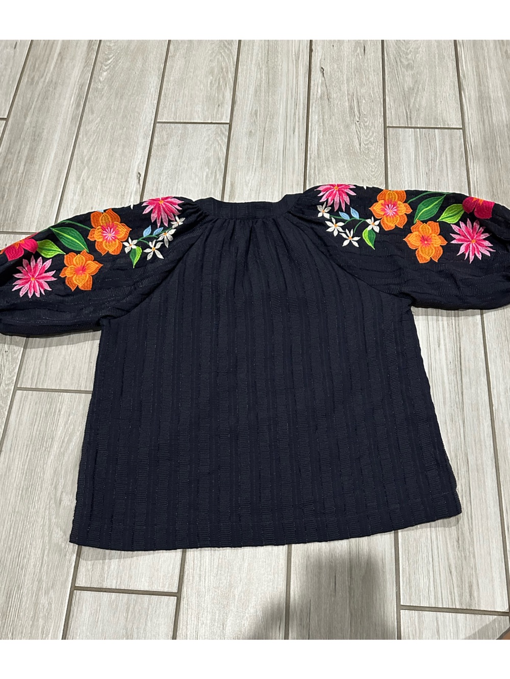 THML Navy Peasant Top with Bright Floral Embroidered Sleeves - Picture 3 of 10